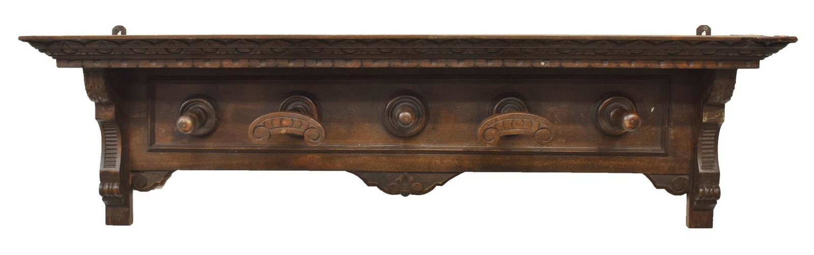 ITALIAN RENAISSANCE REVIVAL WALNUT HAT RACK: Italian Renaissance Revival walnut hat rack, early 20th c., having ornamental sides with acanthus leaves, scrolling and foliate carving, paneled back, fitted with five turned hooks, approx 17.25"h, 55