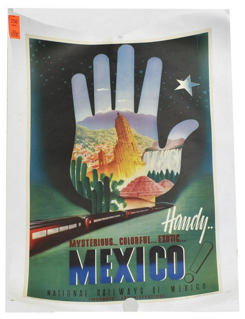 NATIONAL RAILWAYS OF MEXICO ESPERI TRAVEL POSTER: Unframed offset lithograph advertising poster on paper, now mounted on linen backing, National Railways of Mexico, mid 20th c., designed by Esperi, reading: "handy... mysterious, colorful, exotic, Mex