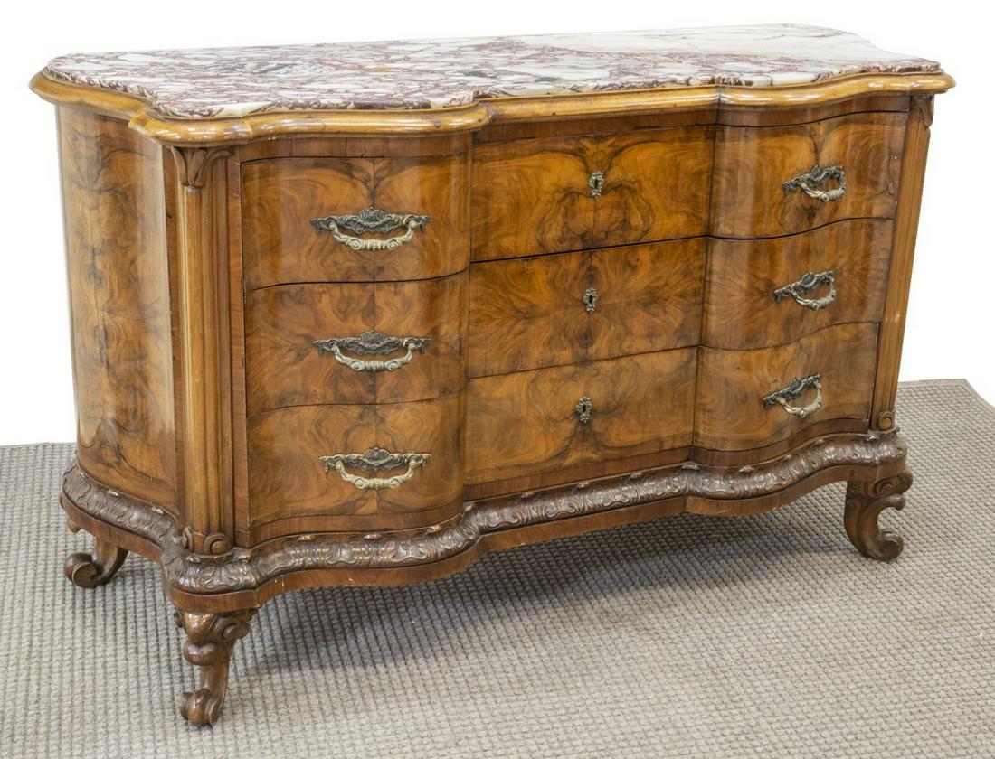 ITALIAN VENETIAN MARBLE-TOP COMMODE: Italian Venetian commode, having a shaped marble top, over three drawers, foliate carved apron, ending in whorl feet, split to corner of marble top, approx 37.5"h, 59.5"w, 21"d Start Price: $300.00