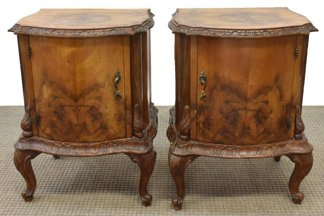 (2) ITALIAN VENETIAN WALNUT BEDSIDE CABINETS: (lot of 2) Italian Venetian walnut nightstands, early 20th c., shaped top with carved edge, over single cabinet door, open interior, carved skirt, ending in whorl feet, approx 29"h, 19.5"w, 16.5"d Sta