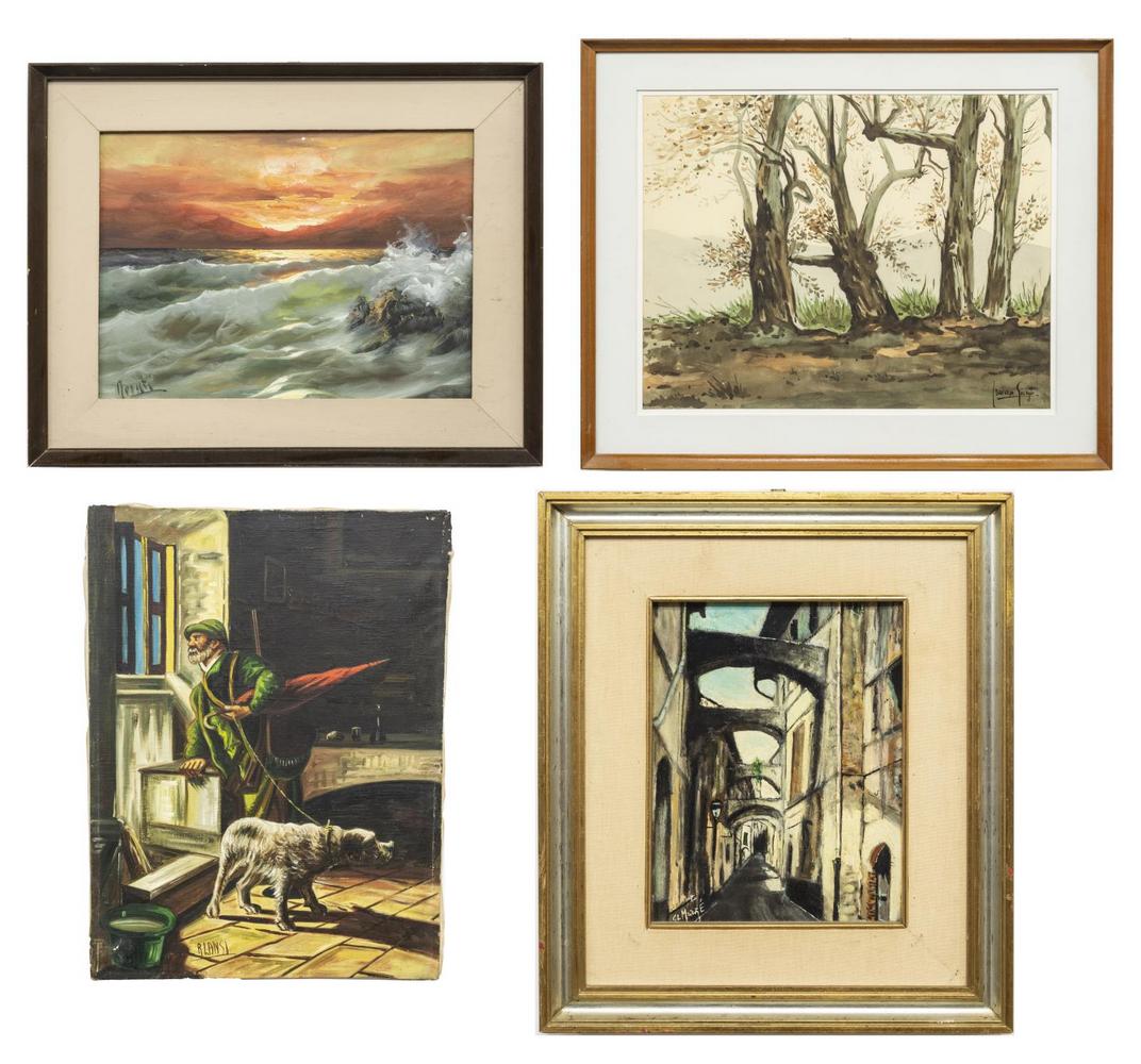 (4) ITALIAN SCHOOL PAINTINGS, SIGNED: (lot of 4) Paintings, including: (1) unframed painting on stretched canvas, Hunter with His Dog, signed lower left R. Lansi, (1) framed oil on panel painting, Santo Stefano al Mare, signed lower left 