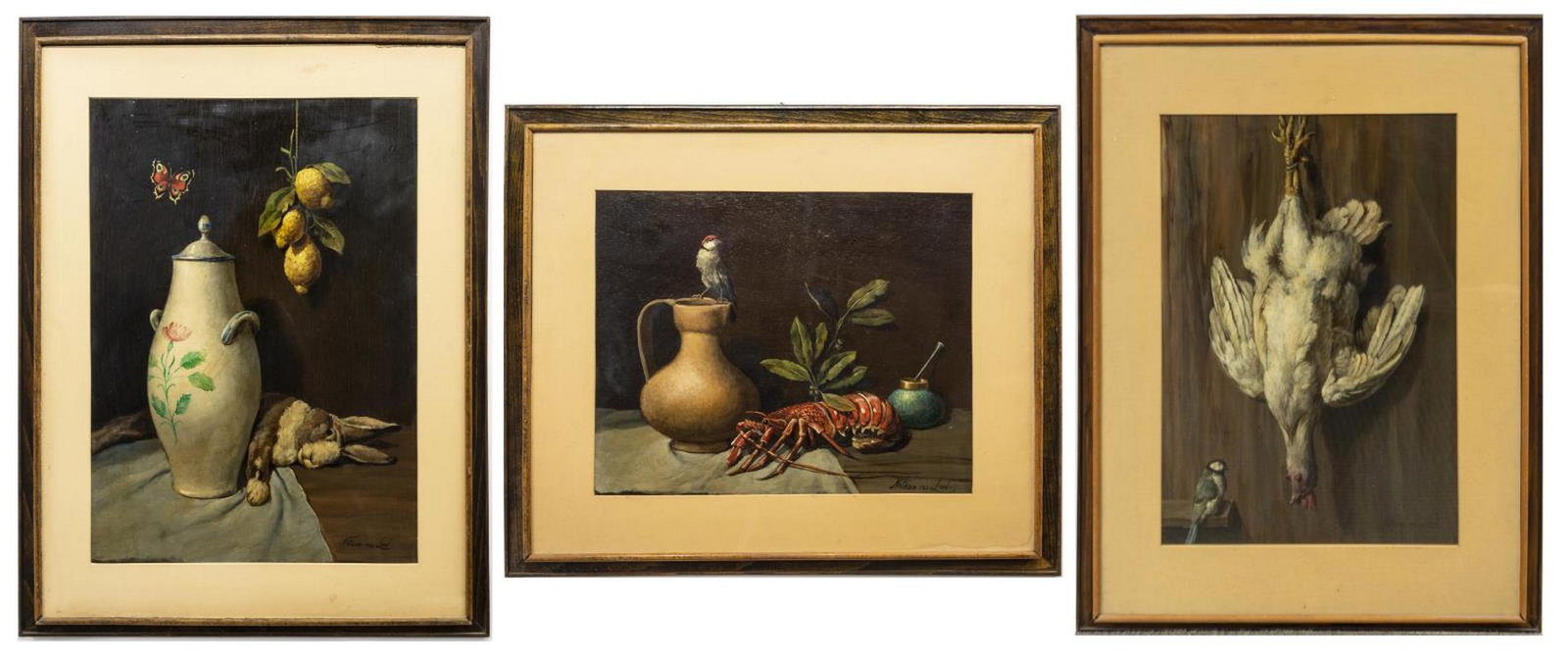 (3) FRAMED NATHAN VAN LEED STILL LIFE PAINTINGS: (lot of 3) Framed paintings, signed lower right Nathan van Leed, including: (1) Still Life with Lobster, (1) Still Life with Chicken, (1) Still Life with Rabbit and Lemons, largest - sight: approx 24"