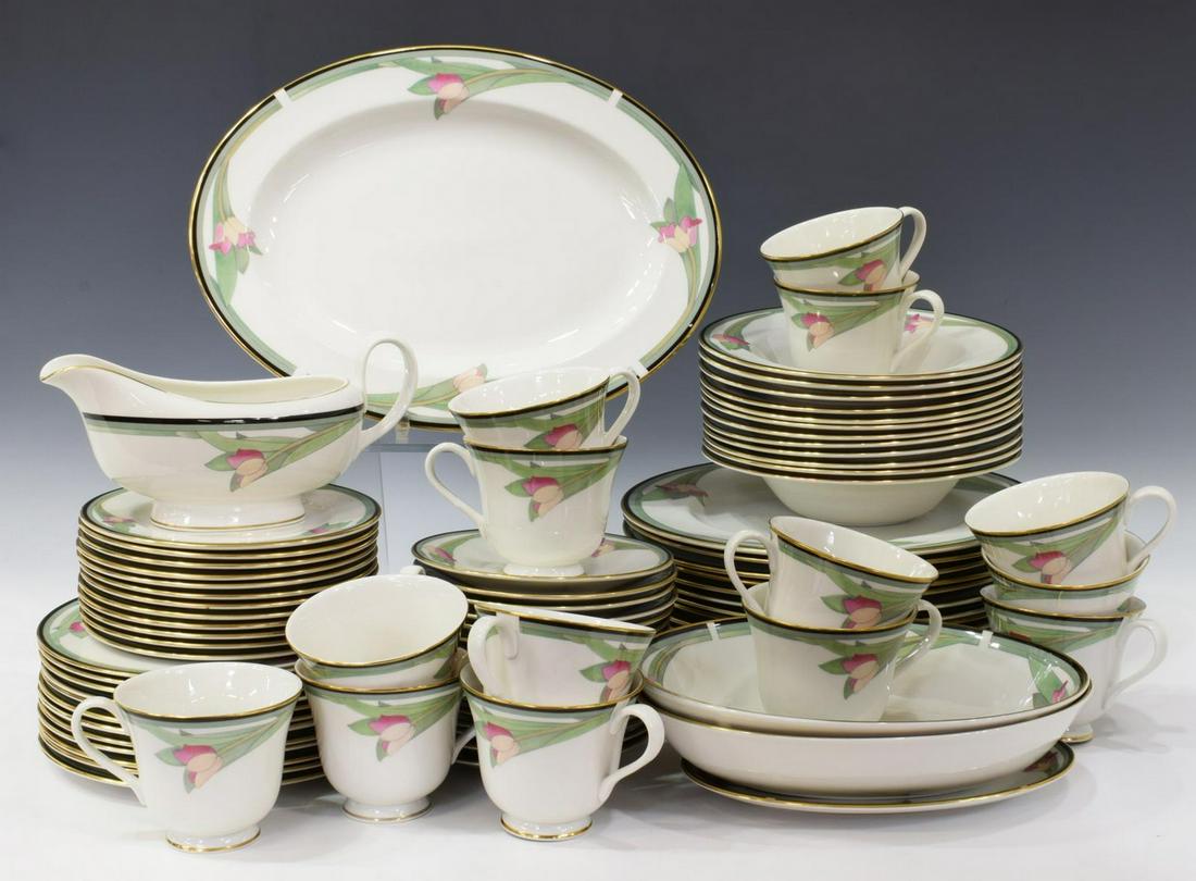 (84) ROYAL DOULTON 'AWAKENING' DINNER SERVICE: (lot of 84) Royal Doulton porcelain dinner service, in the "Awakening" pattern, having white ground, flowers wrapping around center, gilt rim, comprising: (15) dinner plates, approx 10.5"diam; (12) sa