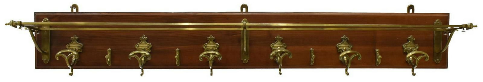 MAHOGANY & GILT METAL WALL-MOUNTED COAT RACK: Mahogany wall-mounted coat rack, having ten gilt metal hooks and hanging bar, approx 10.25"h, 63"w, 9"d Start Price: $100.00