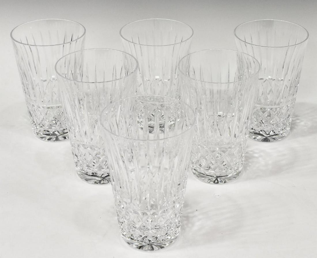 (6) WATERFORD 'MAEVE TRAMORE' CUT CRYSTAL TUMBLERS: (lot of 6) Waterford "Maeve Tramore" cut crystal 12 oz flat tumblers, with vertical and crossed cuts, acid-etched maker's mark at side of foot, approx 5"h, 3.25"diam; 6lbs total **Note: additional lot