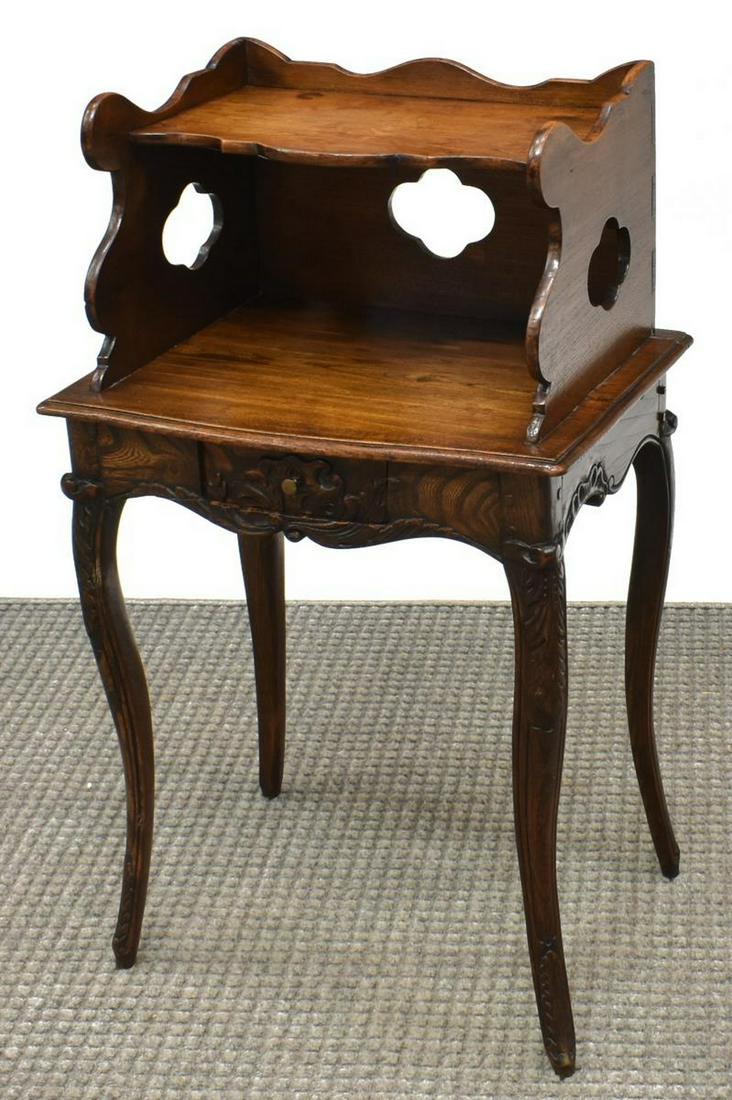 FRENCH PROVINCIAL LOUIS XV STYLE OAK BEDSIDE STAND: French Provincial Louis XV style oak nightstand, 19th c., two shelves with a single drawer, rising on cabriole legs, approx 31"h, 18.25"w, 13.5"d Start Price: $150.00