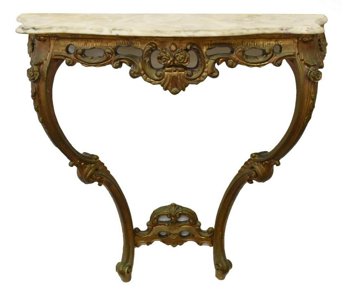 FRENCH LOUIS XV STYLE GILTWOOD WALL BRACKET: French Louis XV style giltwood wall bracket/ console, 20th c., having shaped marble top, over open-carved scrolling and foliate elements, rising on cabriole legs, approx 35"h, 33.75"w, 13.5"d Start Pr