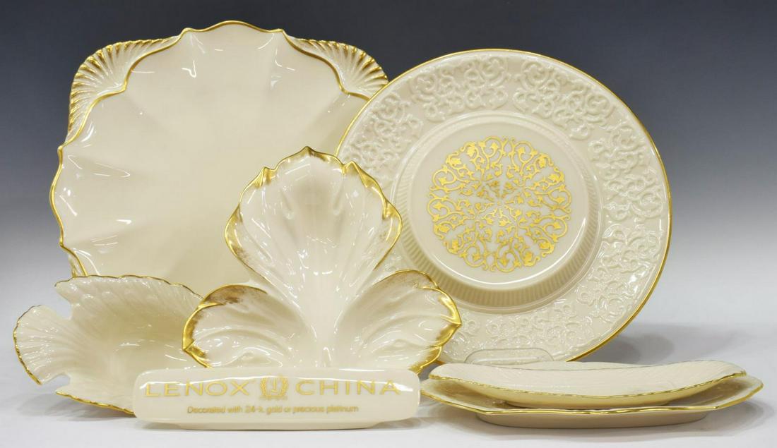 (7) LENOX PARCEL GILT PORCELAIN SERVICE TABLEWARE: (lot of 7) Lenox porcelain tableware, hand-decorated with 24k gold, including: (1) square cake plate, approx 12.5"w, (1) "Chalet Collection" cheese and cracker tray, embossed rim, center gilt design, 