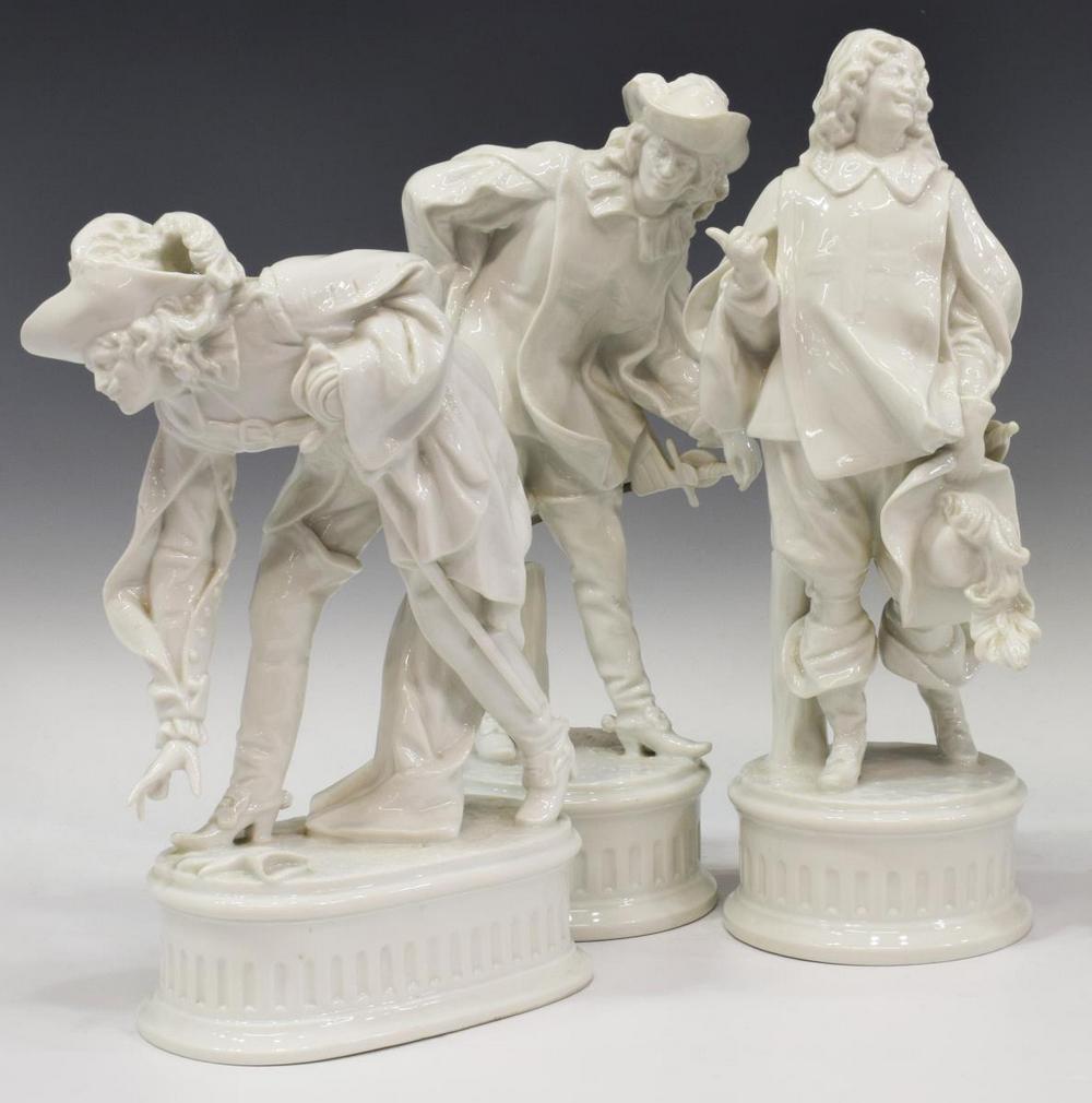(3) CAPODIMONTE GINORI PORCELAIN THREE MUSKETEERS: (lot of 3) Italian Capodimonte Richard Ginori porcelain figures, The Three Musketeers, rising on pedestal base, with makers mark (N under crown) underfoot, comprising: (1) holding feathered hat, hand