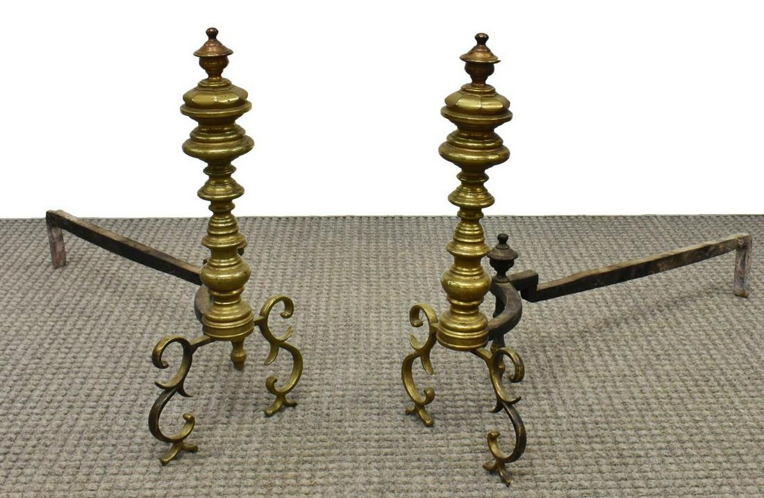 (2) BRASS BEEHIVE & SCROLLED ANDIRONS: (pair) Brass andirons, beehive style, having turned finials and scrolled ornamentation, approx 21.5"h, 30.5"w, 9.75"d Start Price: $50.00