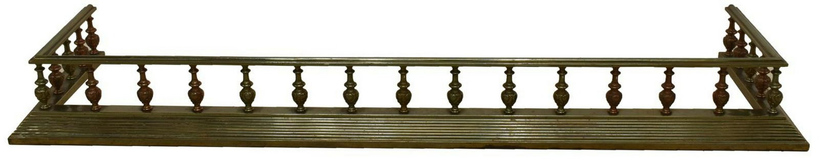 LARGE GILT METAL SPINDLED FIRE FENDER: Gilt metal fire fender, having baluster form spindles, rising on stepped base, approx 6"h, 59.5"w, 14.5"d Start Price: $50.00