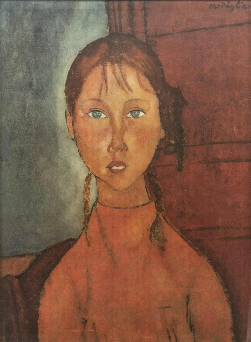 GIRL WITH BRAIDS PRINT AFTER AMEDEO MODIGLIANI: Framed offset lithograph on paper, Girl with Braids, signed in print upper right Modigliani (Amedeo Modigliani, Italian, 1884-1920), sight: approx 23"h, 17"w, overall: approx 26"h, 20"w, 4.75lbs Start