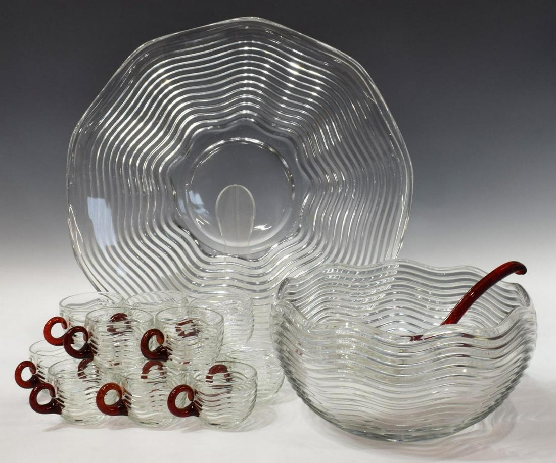 (15) DUNCAN & MILLER 'CARIBBEAN' GLASS PUNCH SET: (lot of 15) Duncan & Miller "Caribbean" pressed glass punch set, in colorless and ruby red, comprising: (12) handled cups, approx 2.25"h, 3"w, 4"d; (1) ladle, approx 11.5"h, 3.25"w, 3"d; (1) punch bow