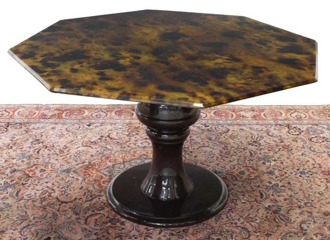 ALDO TURA ITALIAN MODERN GLASS-TOP TABLE: Italian mid-century modern table, design by Aldo Tura (Italian, 1909-1963), unsigned, c.1950s-1960s, the octagonal glass top with foil backing, over a lacquer pedestal base,surface scratch to top, app