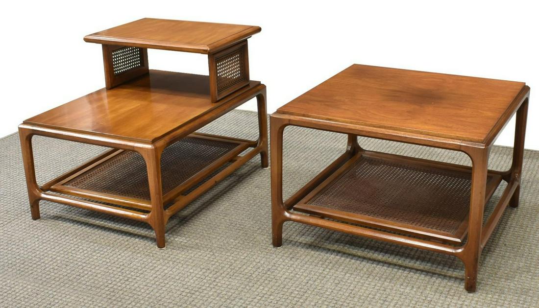 2) MID-CENTURY WALNUT & CANE TWO-TIER SIDE TABLES (1 of 4)