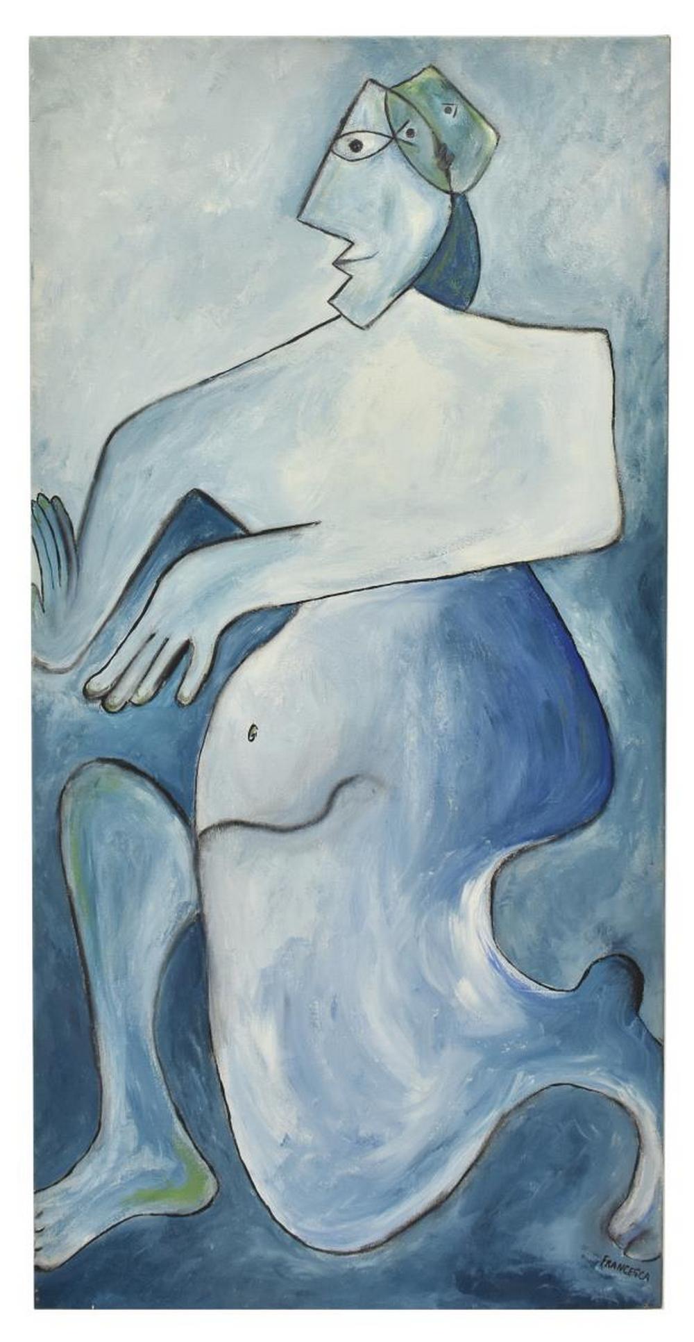 BLUE CUBIST STYLE PORTRAIT SIGNED FRANCESCA: Unframed oil on stretched canvas painting, Cubist Style Portrait in Blue, signed lower right Francesca, approx 48"h, 24"w, 7.25lbs Start Price: $80.00