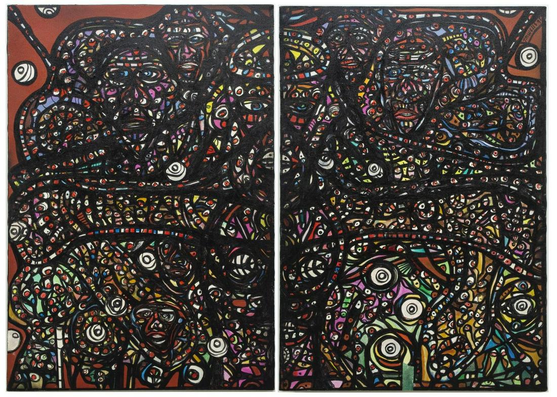 2)UNFRAMED T.M. WELLS ABSTRACT FACES OIL PAINTINGS (1 of 5)