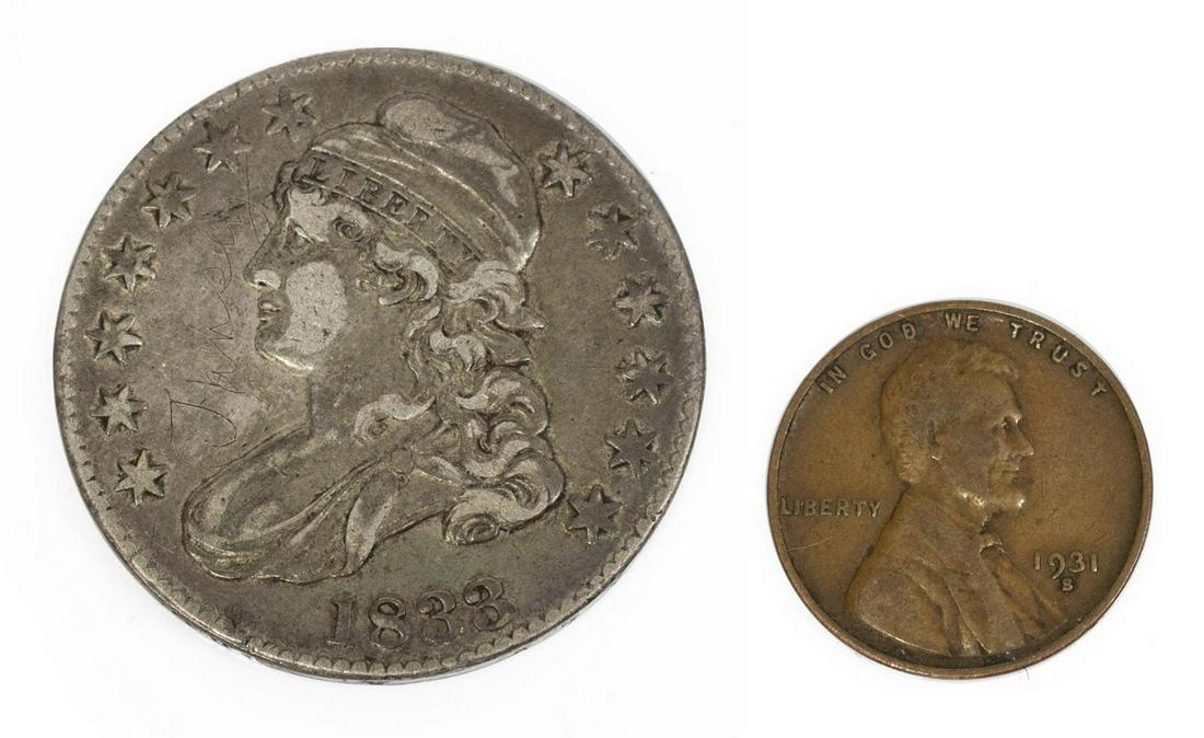(2) US COINS 1931S LINCOLN CENT 1833 HALF DOLLAR (1 of 5)