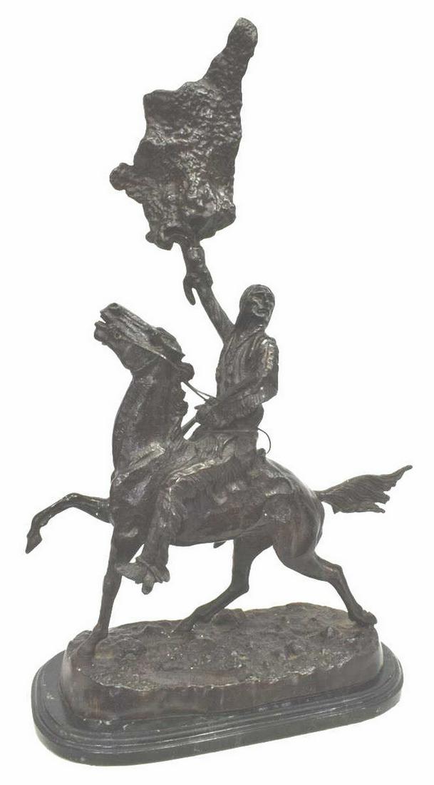 'BUFFALO SIGNAL' BRONZE AFTER REMINGTON, 34"H: Western patinated bronze sculpture, "Buffalo Signal," after the original by Frederic Sackrider Remington (American, 1861-1909), on marble plinth base, noverall: approx 34.75"h, 21"w, 10.5"d Start Pric