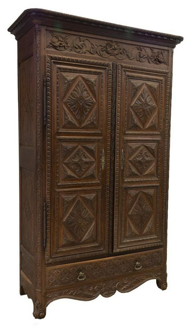 FRENCH WELL-CARVED OAK DOUBLE-DOOR ARMOIRE (1 of 5)