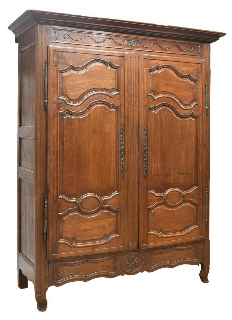 FRENCH PROVINCIAL LOUIS XV STYLE ARMOIRE: French Provincial Louis XV style armoire, 19th c., having cornice top, above rectangular case, fitted with two doors, opening to interior with single shelf, rising on short cabriole legs, approx 83.25
