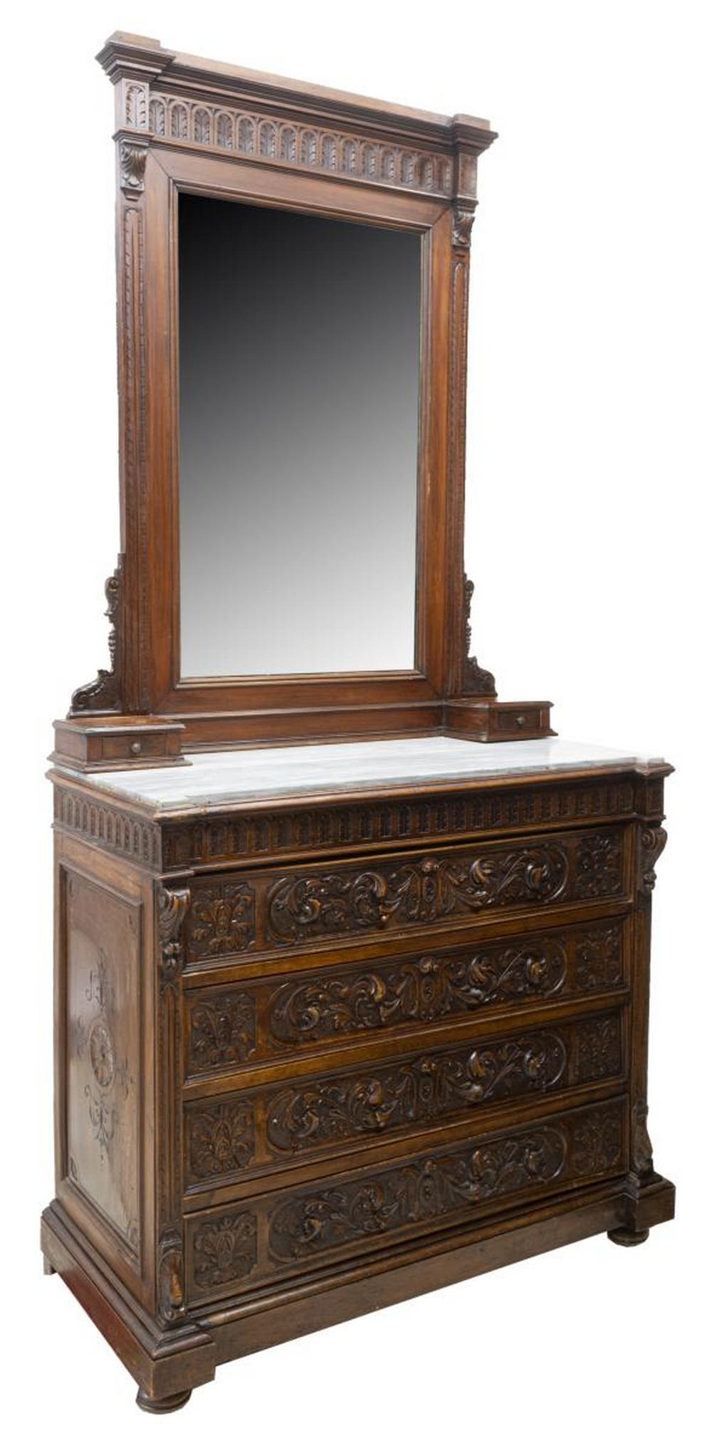 FRENCH MARBLE-TOP WALNUT COMMODE & MIRROR (1 of 4)