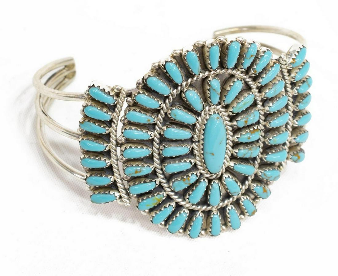 NATIVE AMERICAN STERLING TURQUOISE CLUSTER CUFF (1 of 5)