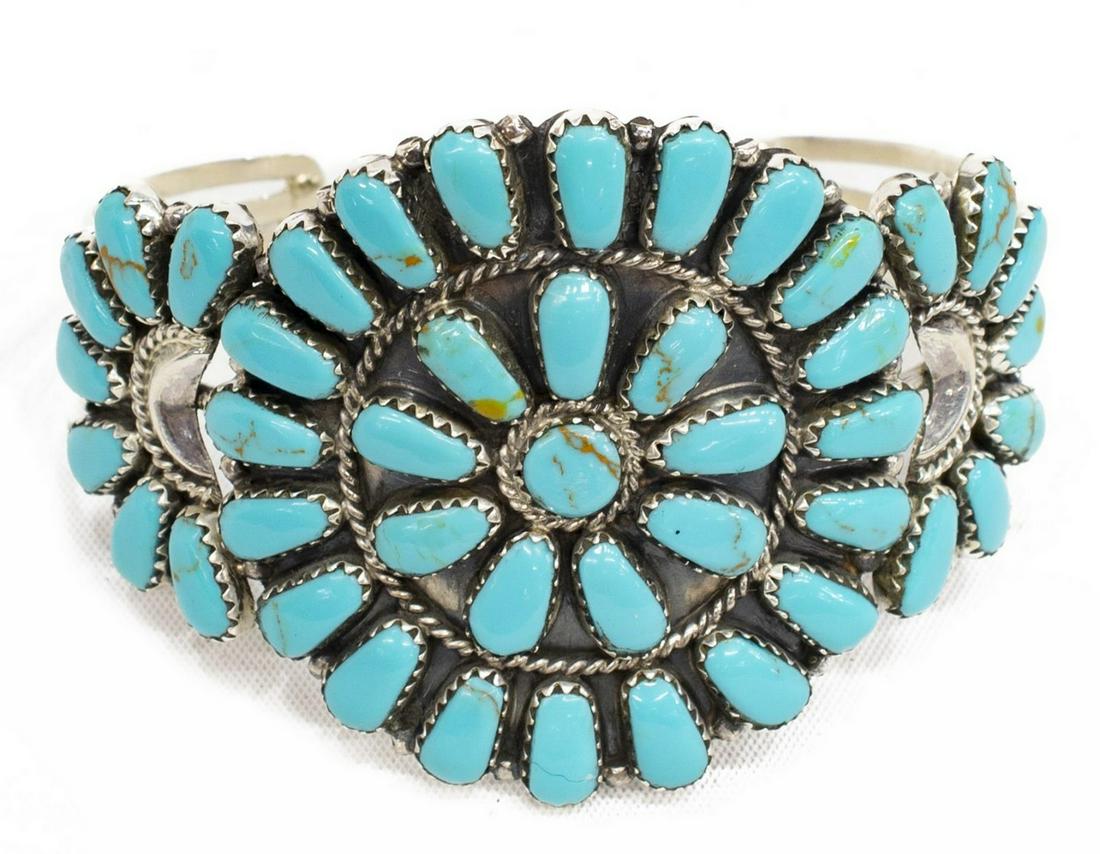 NATIVE AMERICAN STERLING TURQUOISE CLUSTER CUFF (1 of 5)