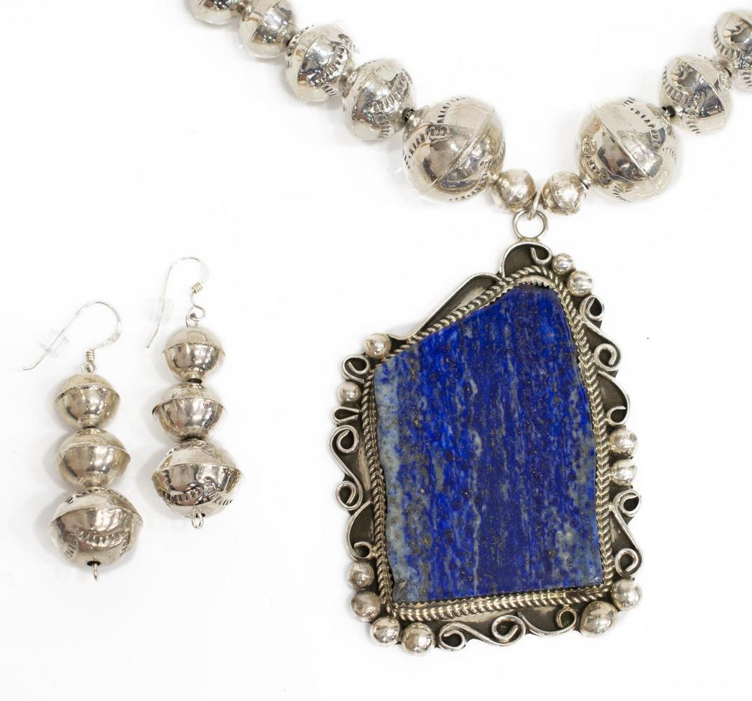 LESLIE NEZ NAVAJO LAPIS LAZULI NECKLACE & EARRINGS (1 of 5)