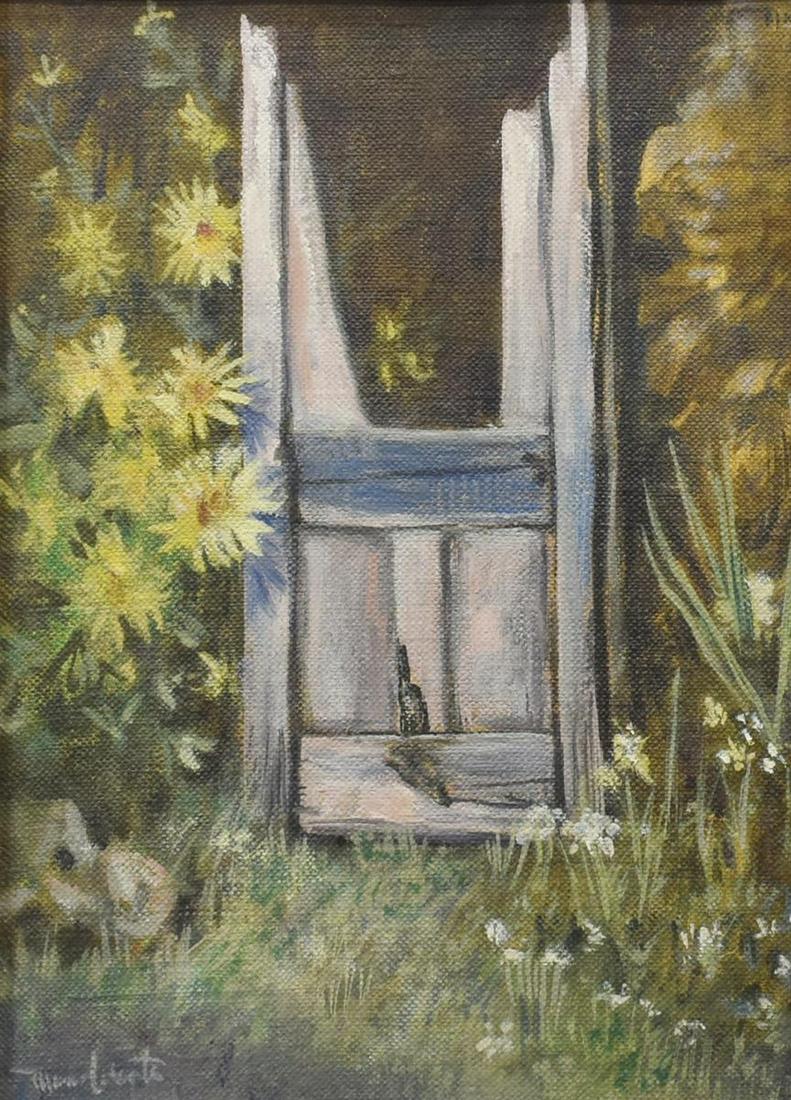 MANUEL ACOSTA (TX, 1921-1989) 'PUERTA VIEJA': Framed oil on canvas painting, "Puerta Vieja," signed lower left Manual Acosta (Manuel Gregorio Acosta, Mexico, Texas, 1921-1989), titled verso, sight: approx 11.5"h, 8.5"w, overall: approx 16.5"h, 13