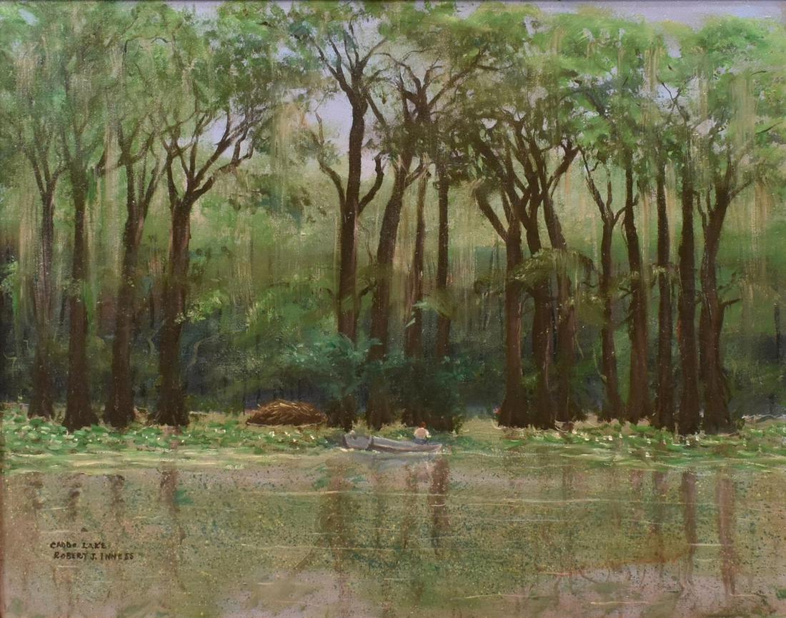 ROBERT J. INNESS CADDO LAKE TEXAS LANDSCAPE: Framed oil on canvas painting, "Fishing by a Beaver Dam, Caddo Lake, Texas," signed lower left Robert J. Inness, titled verso, sight: approx 23.5"h, 29.5"w, overall: approx 31"h, 37"w, 11lbs Start Pri