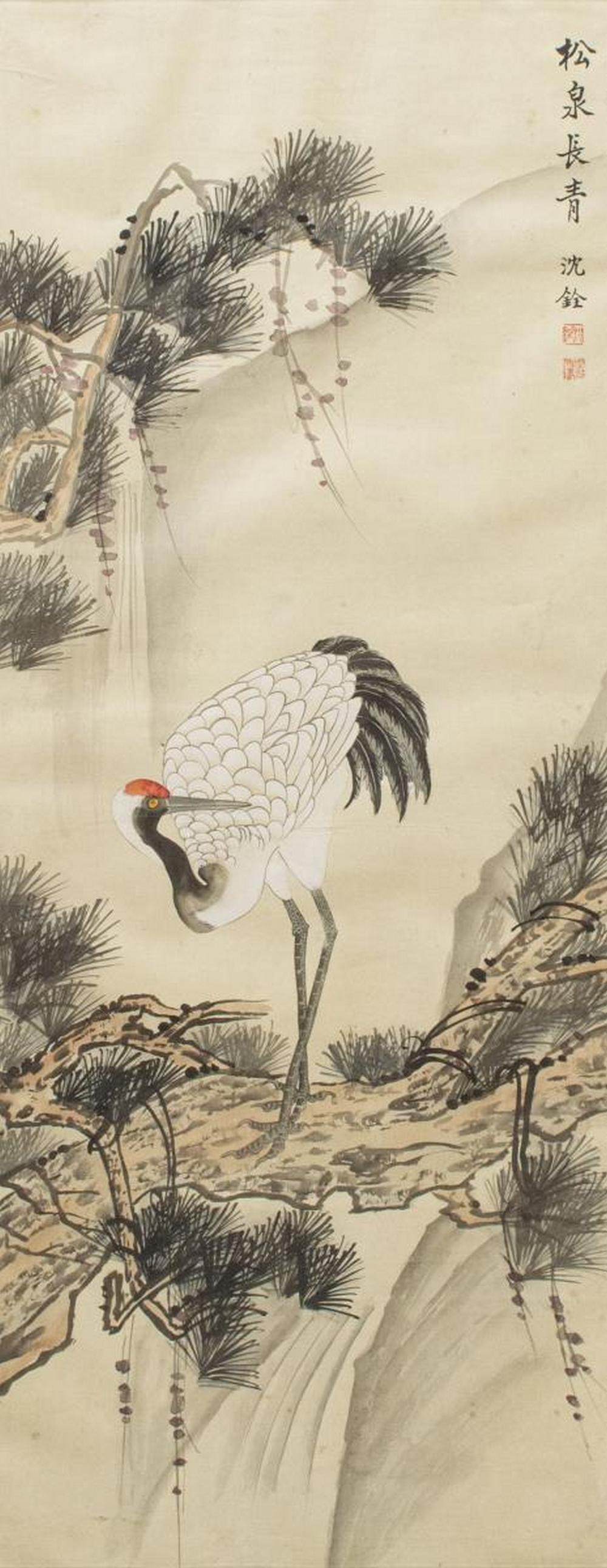JAPANESE CRANE SCROLL PAINTING AFTER SHEN QUAN (1 of 3)