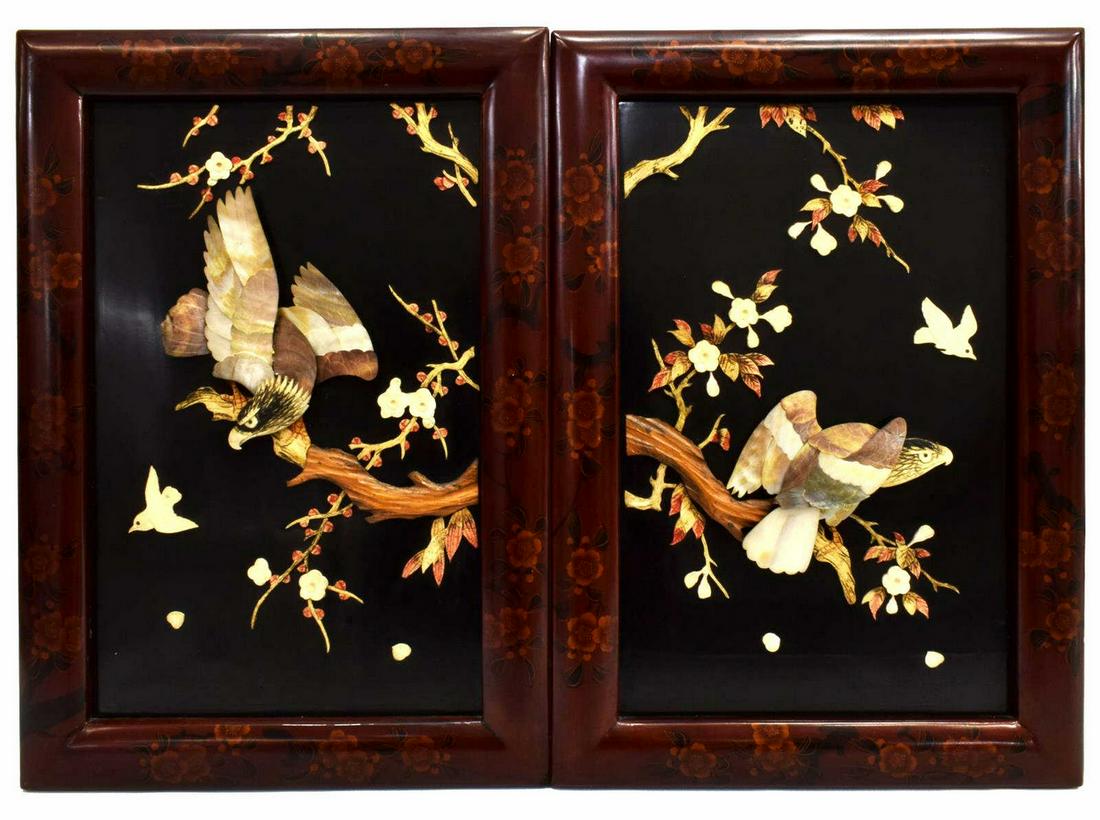 (2) JAPANESE MOTHER OF PEARL & BONE WALL PLAQUES: (pair) Japanese hanging wall plaques, red lacquer frame with floral accents, applied mother of pearl, bone, and wood depicting birds and cherry blossom tree on black background, approx 21"h, 14.5"w St