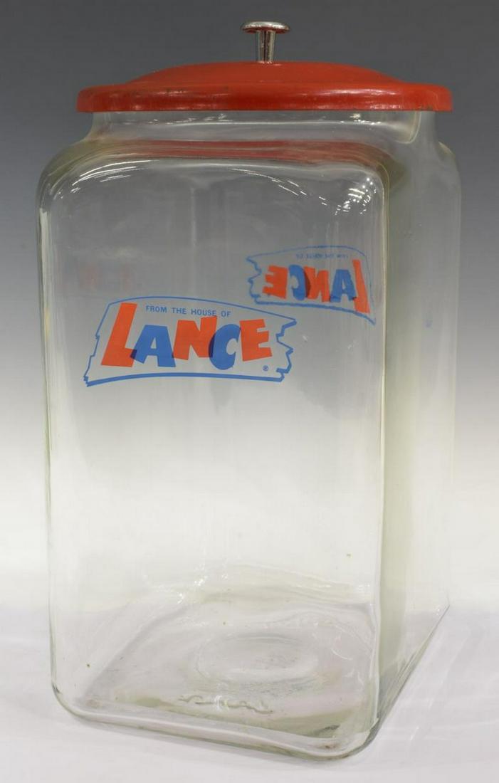HOUSE OF LANCE GLASS JAR W/ RED METAL LID, C.1950S (1 of 3)