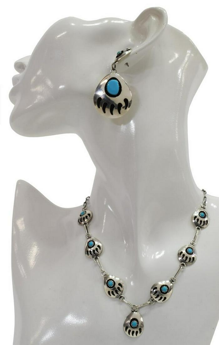 NAVAJO SILVER OVERLAY BEAR PAW NECKLACE & EARRINGS (1 of 7)