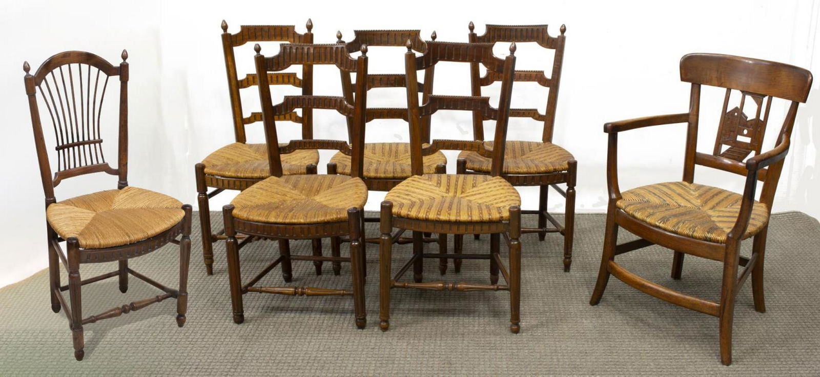 (7) FRENCH PROVINCIAL RUSH FAUTEUIL & SIDE CHAIRS (1 of 2)