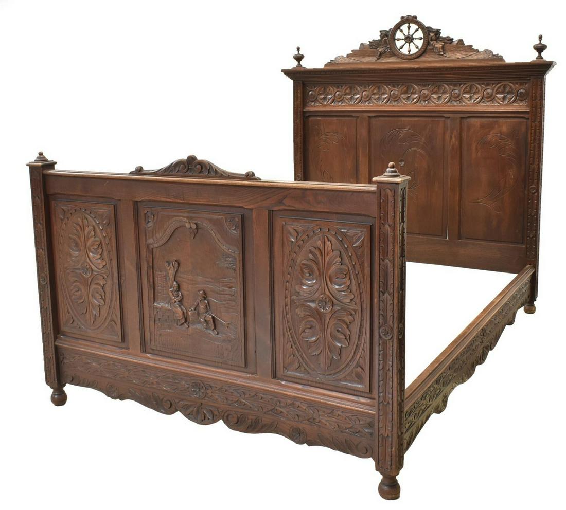 FRENCH BRETON CARVED OAK BED, 19TH C. (1 of 2)