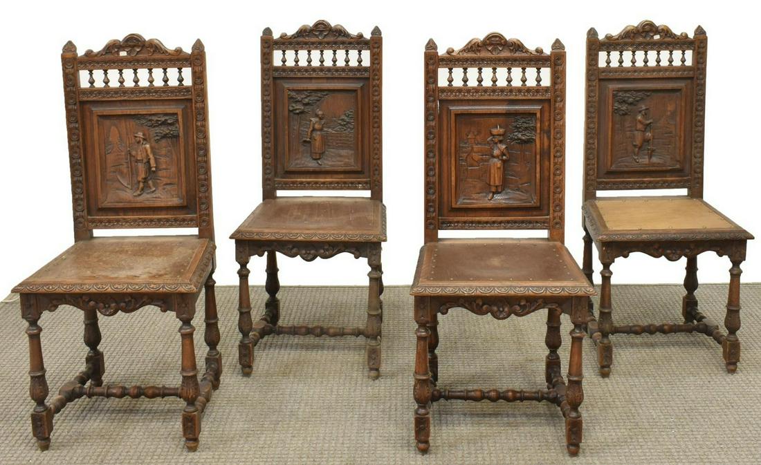 (4) FRENCH BRETON CARVED OAK CHAIRS, LATE 19TH C. (1 of 3)