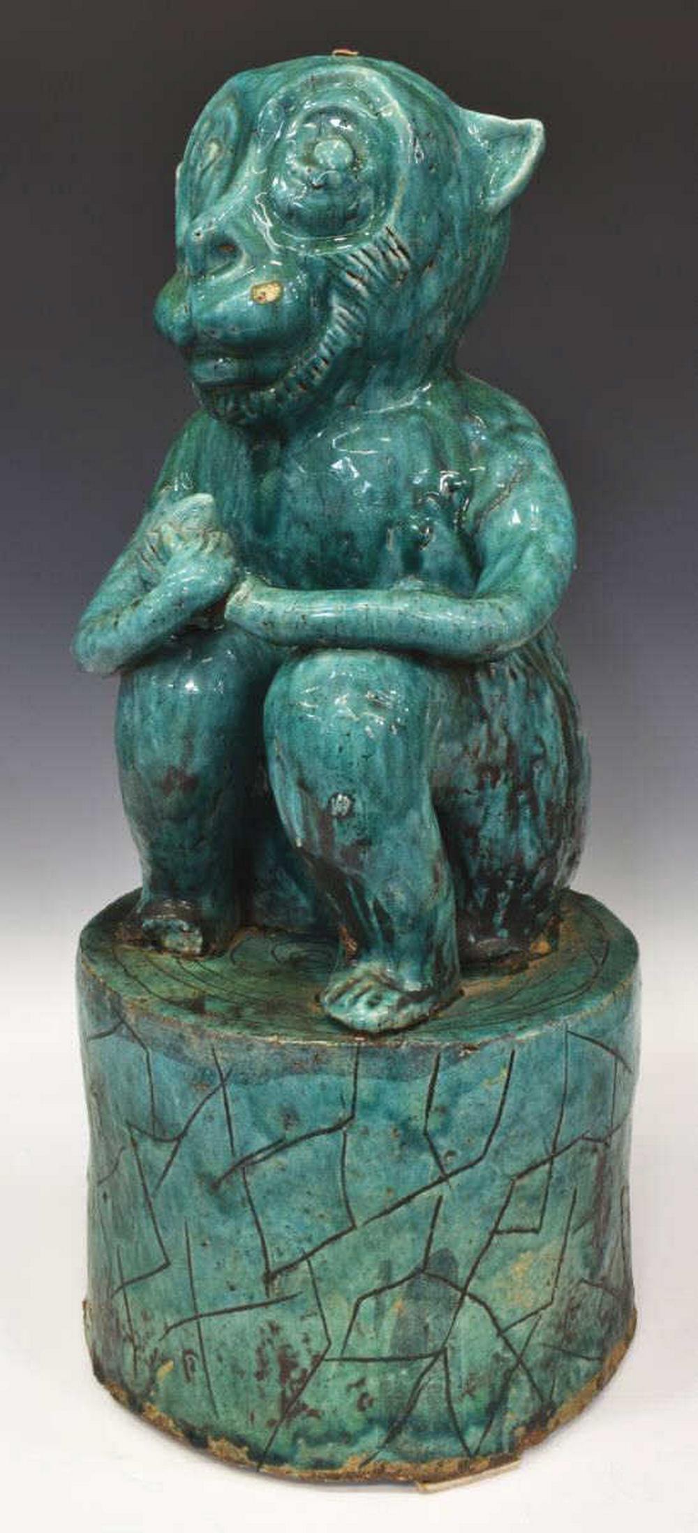 CHINESE TEAL GLAZED CERAMIC SEATED MONKEY STATUE (1 of 6)