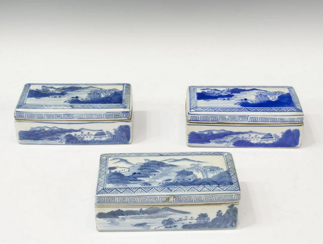 (3) CHINESE BLUE & WHITE PORCELAIN BRUSH BOXES (1 of 3)