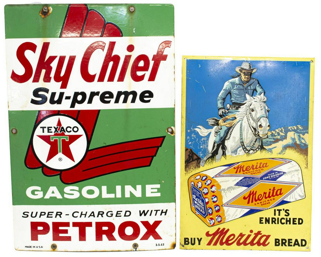 2) VINTAGE TEXACO SKY CHIEF & REPRO BREAD AD SIGNS (1 of 2)