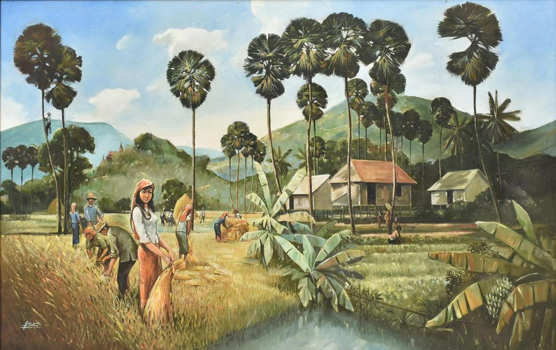 LARGE FRAMED CAMBODIAN PAINTING, SIGNED: Framed painting on canvas, Cambodian Farmers Harvesting, signed lower left H. Gaphon (?), sight: approx 36"h, 58.5"w, overall: approx 42"h, 64.5"w, 18lbs Start Price: $100.00