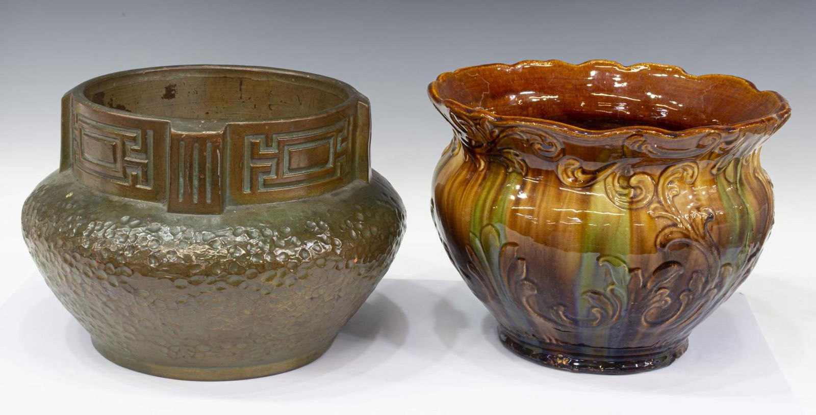 (2) ARTS & CRAFTS FAUX COPPER & GLAZED JARDINIERES (1 of 3)