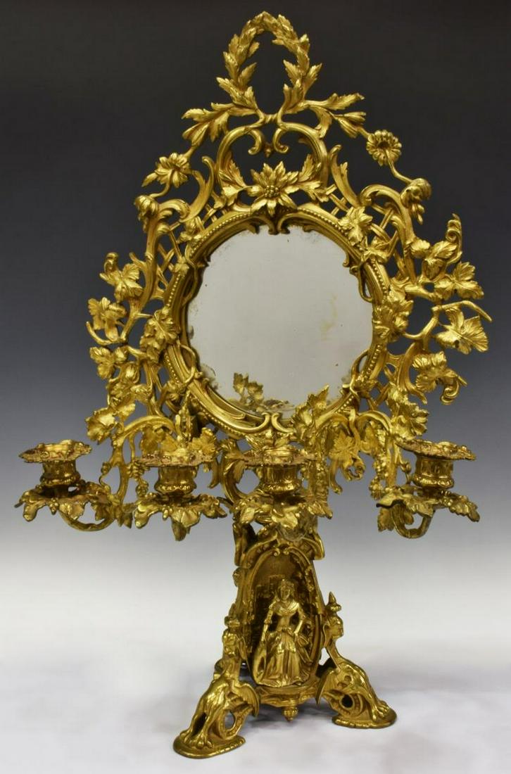 BRASS FOLIATED FIGURAL TABLE MIRROR W/ SCONCES (1 of 5)