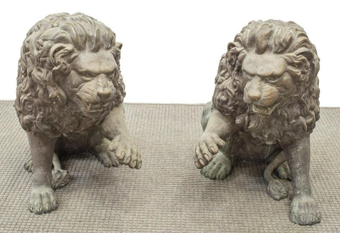 (2) LARGE PATINATED BRONZE SEATED LION FIGURES (1 of 3)
