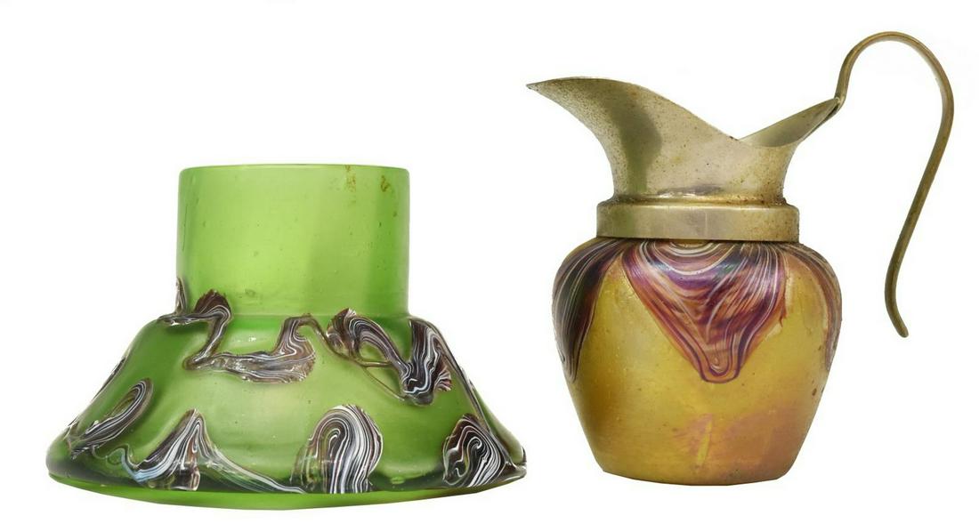 (2) ART GLASS GREEN DRIZZLED VASE & SMALL PITCHER (1 of 4)