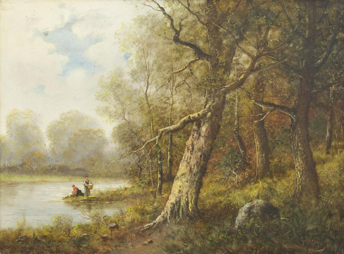 CONTINENTAL SCHOOL OIL PAINTING RIVERS EDGE SIGNED (1 of 4)