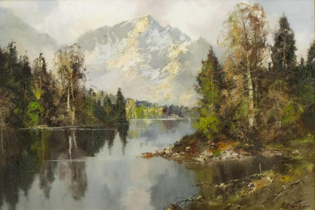 FRAMED MOUNTAIN LAKE PAINTING SIGNED A. BERGER (1 of 4)