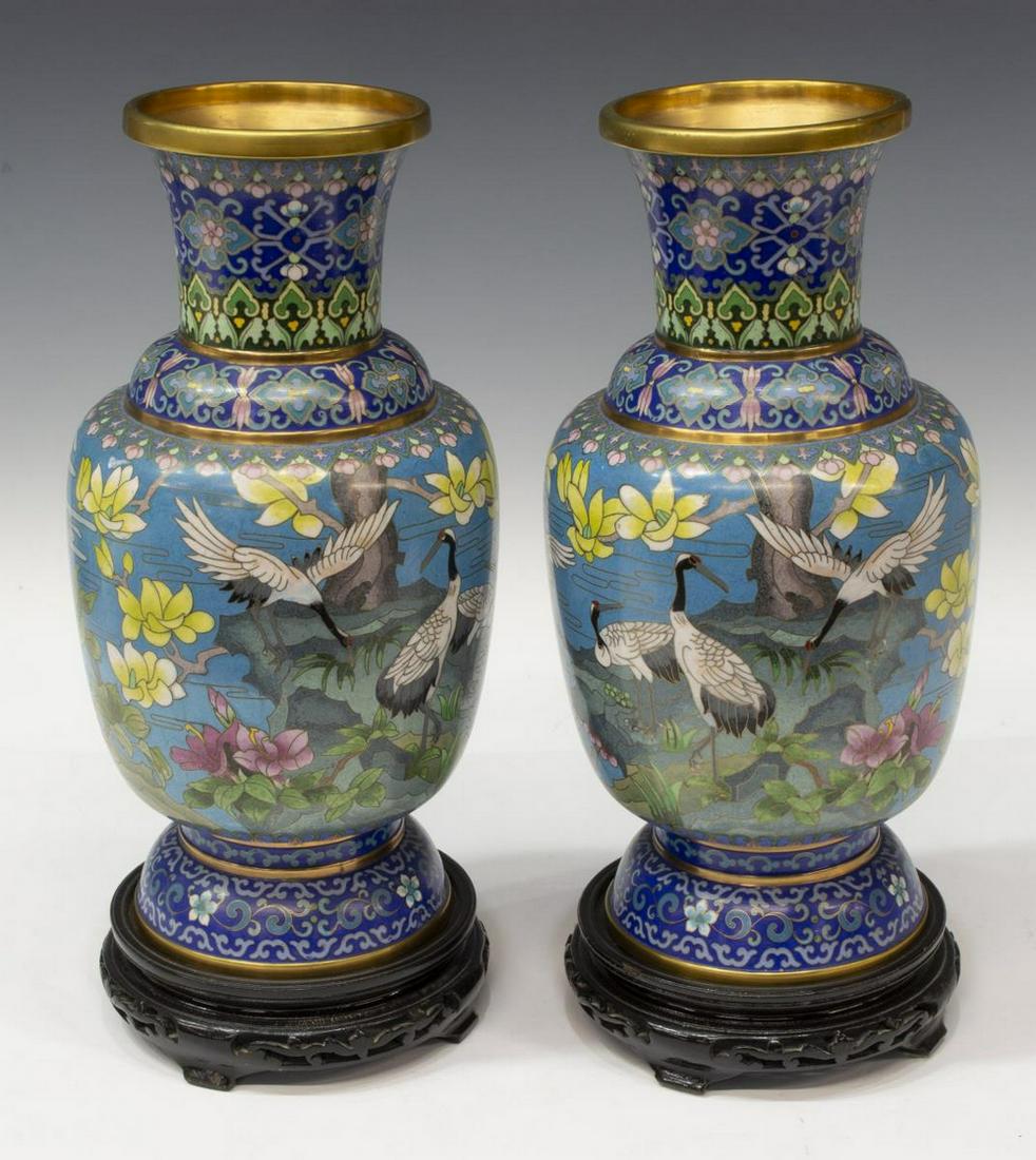 (2) CHINESE CLOISONNE ENAMEL CRANE VASES ON STANDS (1 of 3)