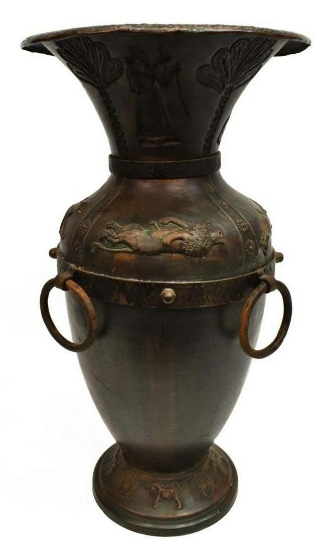 ASSYRIAN STYLE REPOUSSE COPPER LION HUNT VASE URN (1 of 5)
